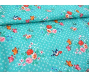 Baumwolle Märchen - Vogel Röschen - türkis